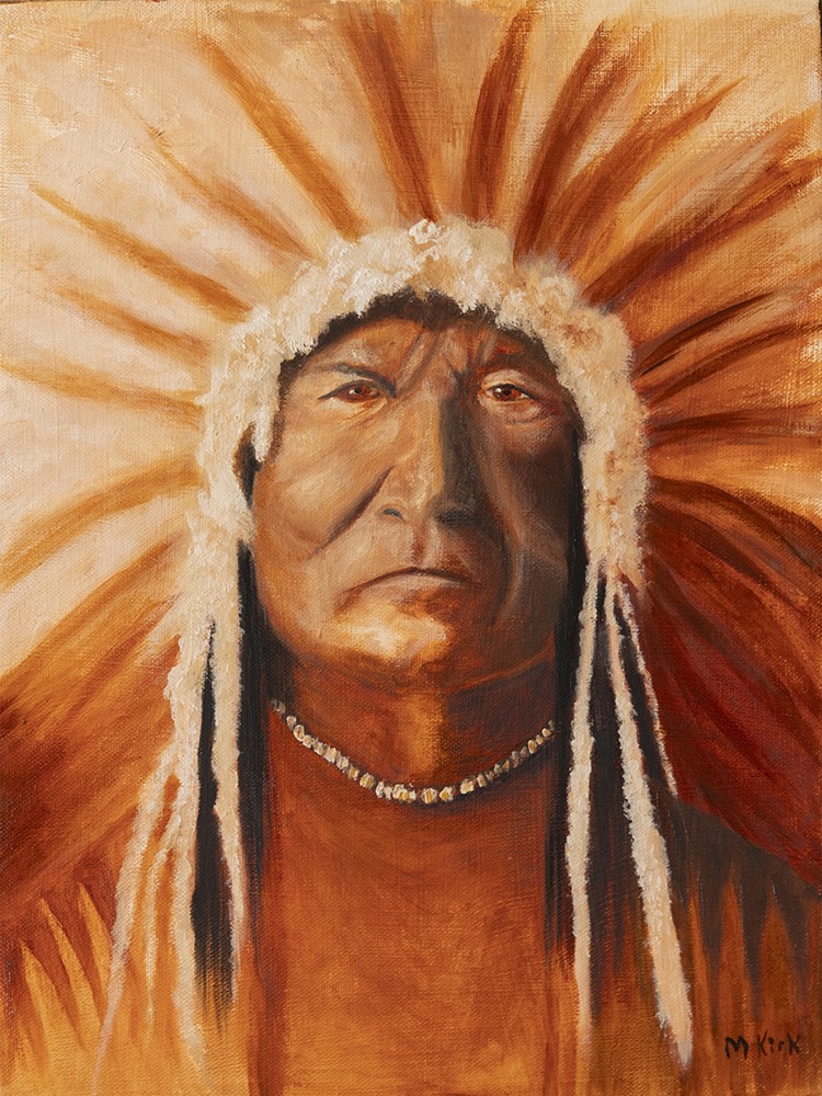 Oil painting of a Native American chief in tones of reds and brown by Maureen Kirk. 12" x 16"