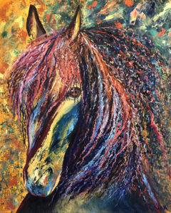 Oil painting in reds, yellows, oranges with highlights in gold, pink and light blue. The style is impressionistic.