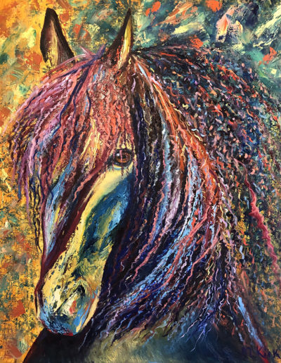 Oil painting in reds, yellows, oranges with highlights in gold, pink and light blue. The style is impressionistic.