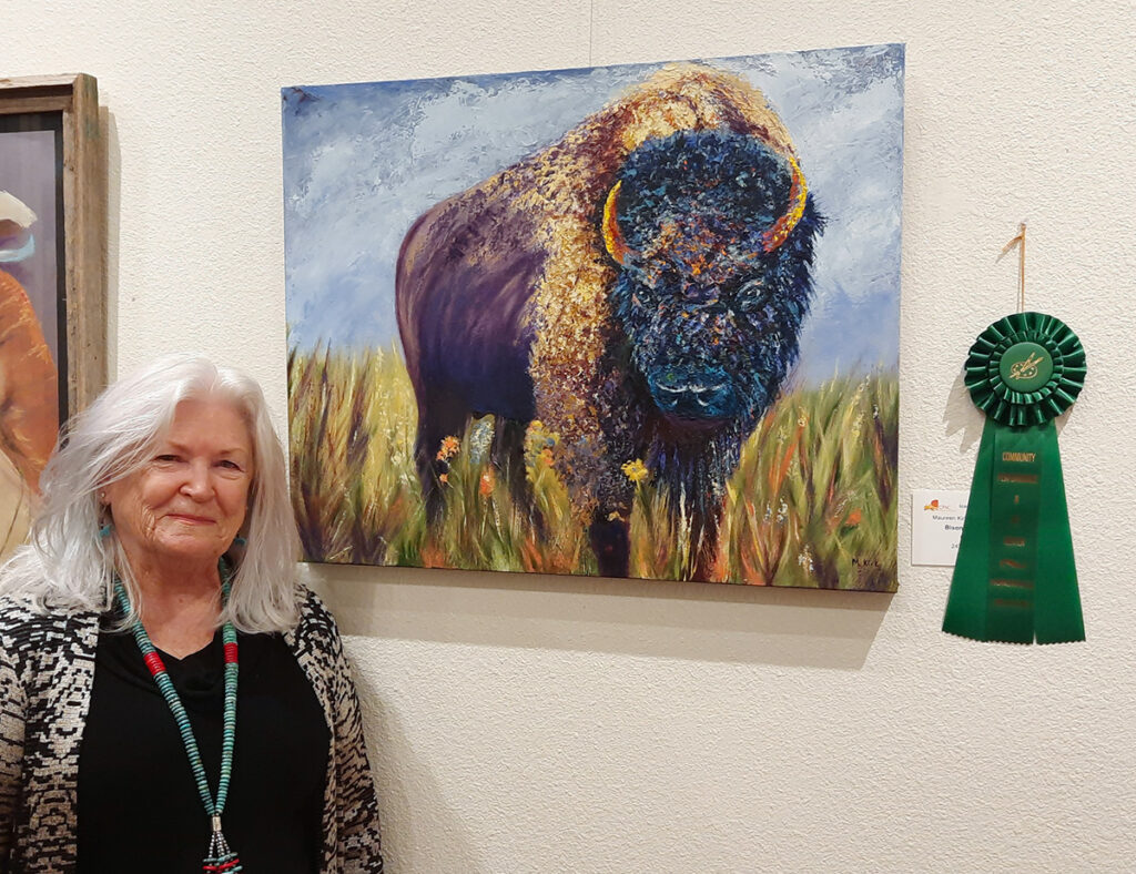 Painting of an American Buffalo, Bison Bison, in blues, purples, gold and yellows. 