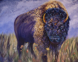 CPAC art exhibit oil painting of an American Bison in tones of dark blue, gold, purple, orange and turquoise by Maureen Kirk. 24" x 30"
