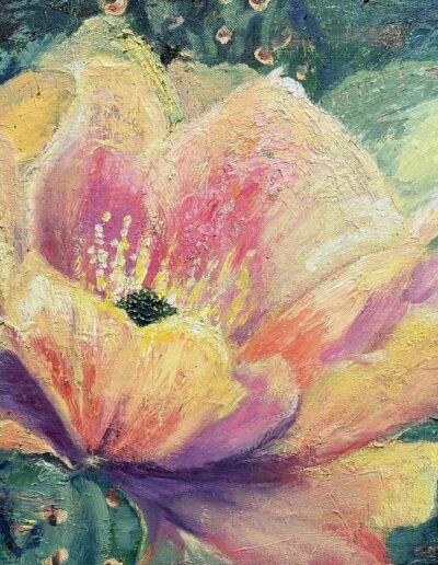 Desert Riches, oil and cold wax painting in tone of yellow, orange, pink, purple and greens, by Maureen Kirk