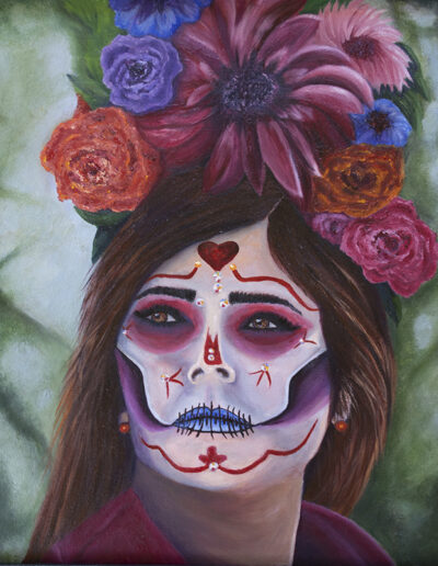 Traditions portrait in oils of beautiful Hispanic woman with her face painted for the Day of the Dead Celebration