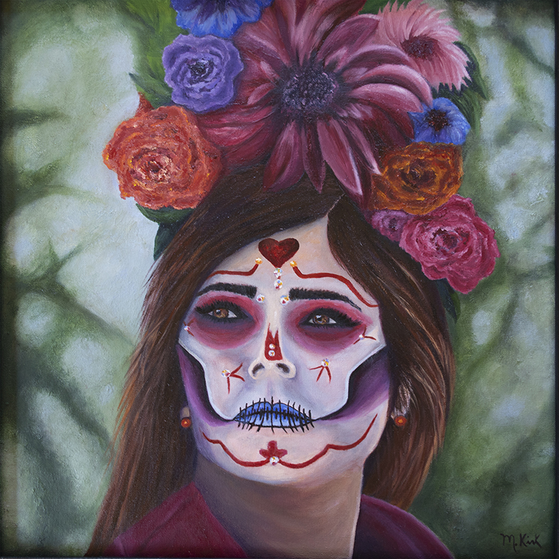 Traditions portrait in oils of beautiful Hispanic woman with her face painted for the Day of the Dead Celebration